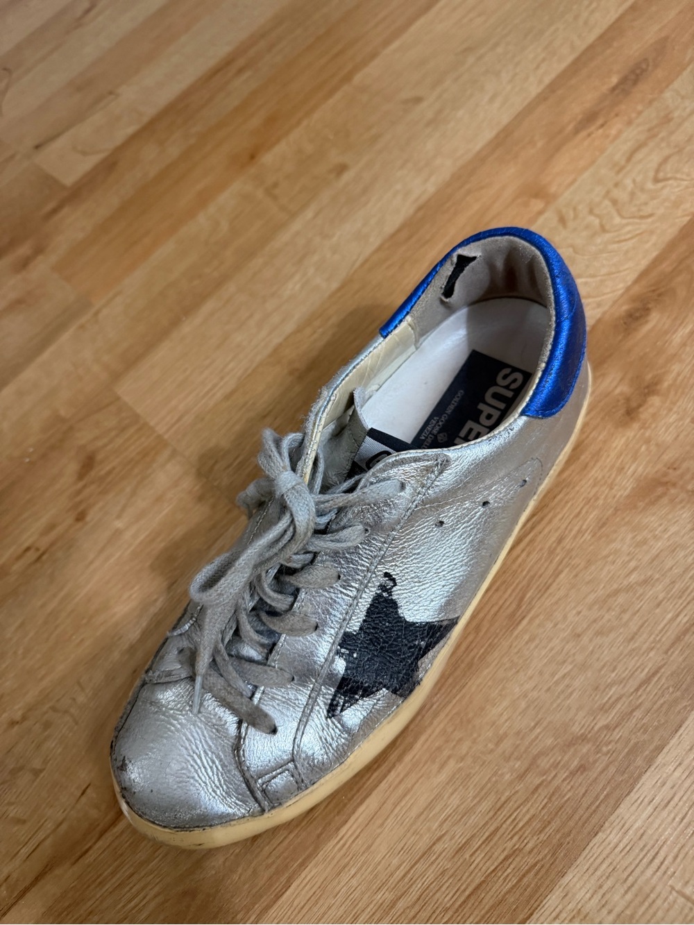 Golden Goose Silver Leather Sneaker with Black Star and Blue Heel